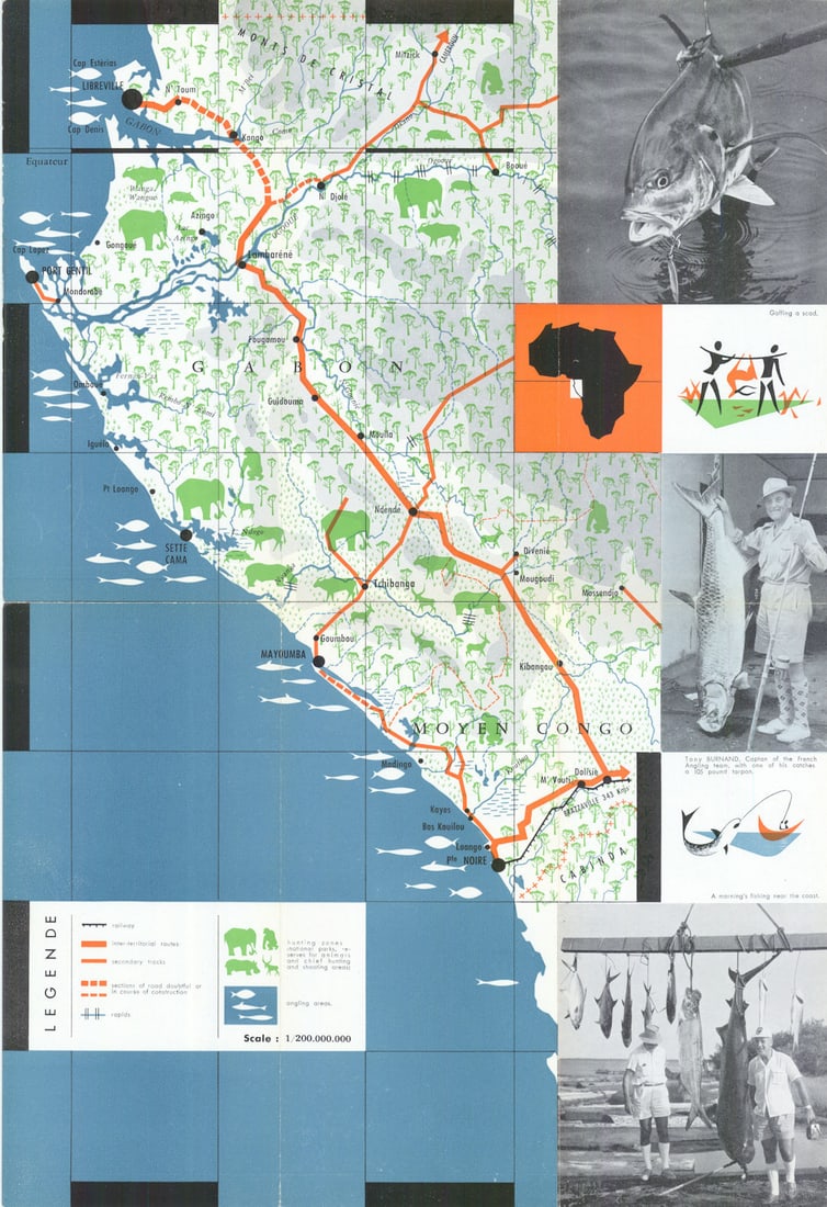 French Equatorial Africa Big-game hunting & angling/sport fishing c1955 map: Title: French Equatorial Africa Big-game hunting & angling/sport fishing c1955 map Description: [Big-game hunting and angling on the coasts of French Equatorial Africa] by Burnand, Tonby. Published