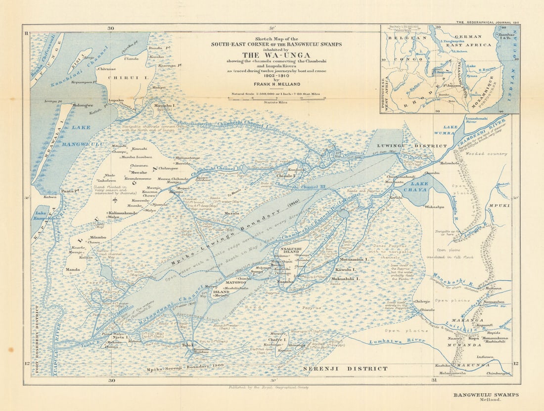 Bangweulu Swamps… surveyed 1902-10 by Frank Melland. Zambia. RGS 1911 old map: Title: Bangweulu Swamps… surveyed 1902-10 by Frank Melland. Zambia. RGS 1911 old map Description: Sketch map of the south-east corner of the Bangweulu Swamps inhabited by the Wa-unga, showing th