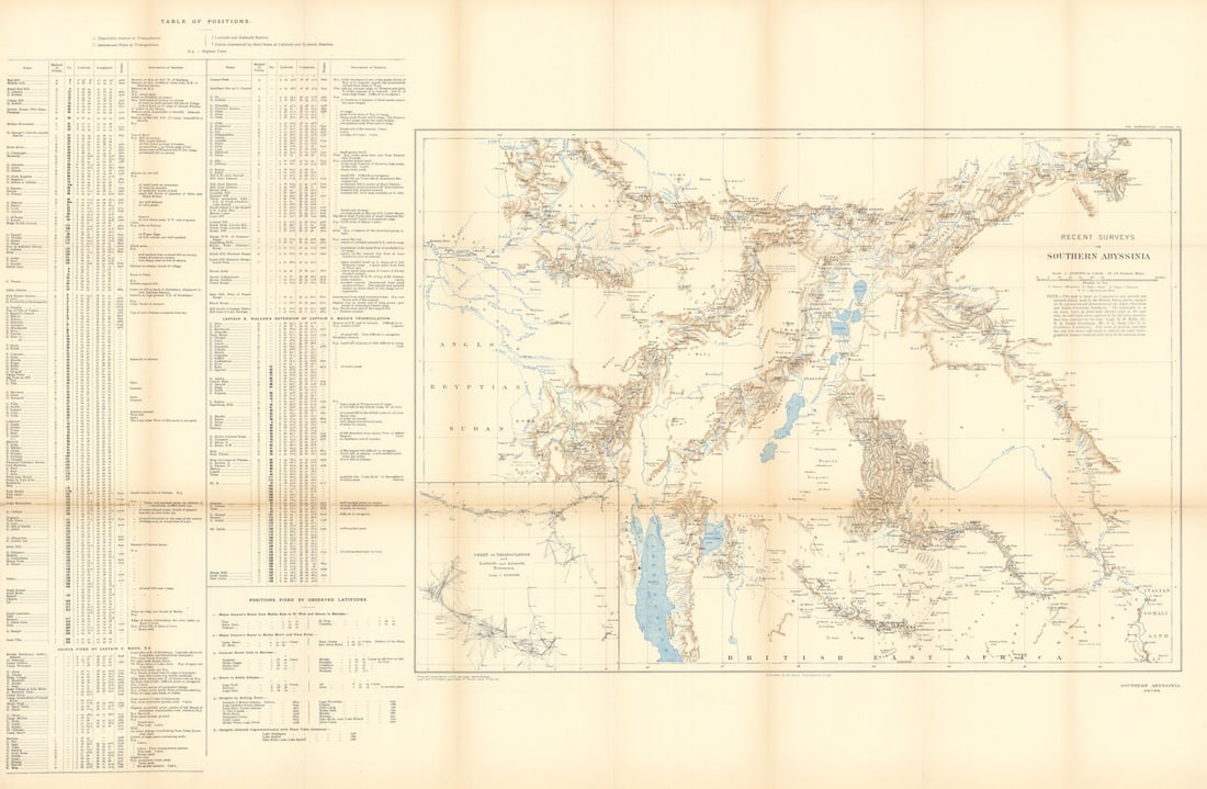 Recent surveys in Southern Abyssinia. Ethiopia. RGS 1911 old antique map chart: Title: Recent surveys in Southern Abyssinia. Ethiopia. RGS 1911 old antique map chart Description: Recent surveys in Southern Abyssinia'. Royal Geographical Society. This map is based on triangulation
