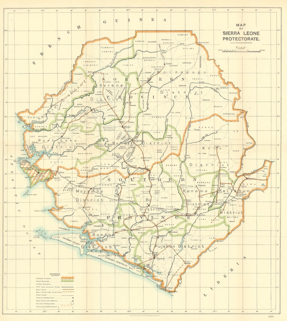 Sierra Leone Protectorate by Waterlow & Sons. Chiefdom boundaries 1938 old map: Title: Sierra Leone Protectorate by Waterlow & Sons. Chiefdom boundaries 1938 old map Description: Map of Sierra Leone Protectorate'. Waterlow & Sons Ltd., London Wall, London. Published 1931 (1938). 