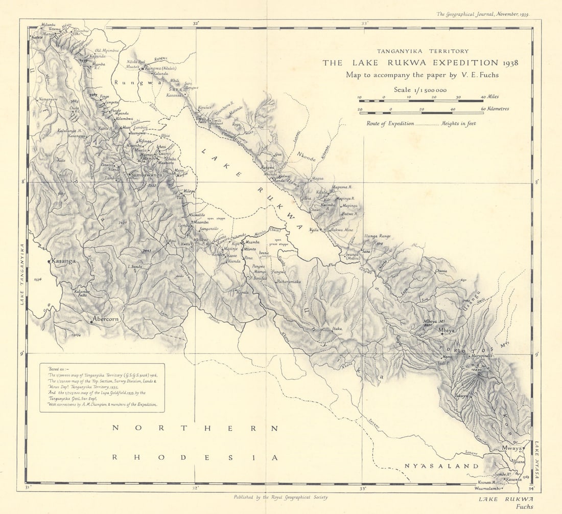 Tanganyika Territory. Lake Rukwa Expedition 1938. Tanzania. RGS/Fuchs 1939 map: Title: Tanganyika Territory. Lake Rukwa Expedition 1938. Tanzania. RGS/Fuchs 1939 map Description: Tanganyika Territory. The Lake Rukwa Expedition 1938. Map to accompany the paper by V. E. Fuchs'.