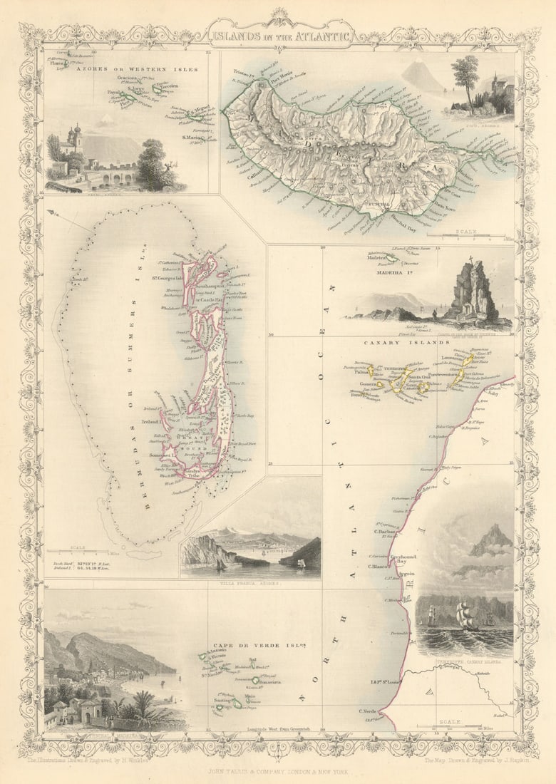 ATLANTIC ISLANDS. Bermuda Madeira Canaries.Tenerife view.TALLIS/RAPKIN 1851 map: Title: ATLANTIC ISLANDS. Bermuda Madeira Canaries.Tenerife view.TALLIS/RAPKIN 1851 map Description: Islands in the Atlantic'. The map shows the islands of Madeira, the Azores, the "Bermudas or Summers