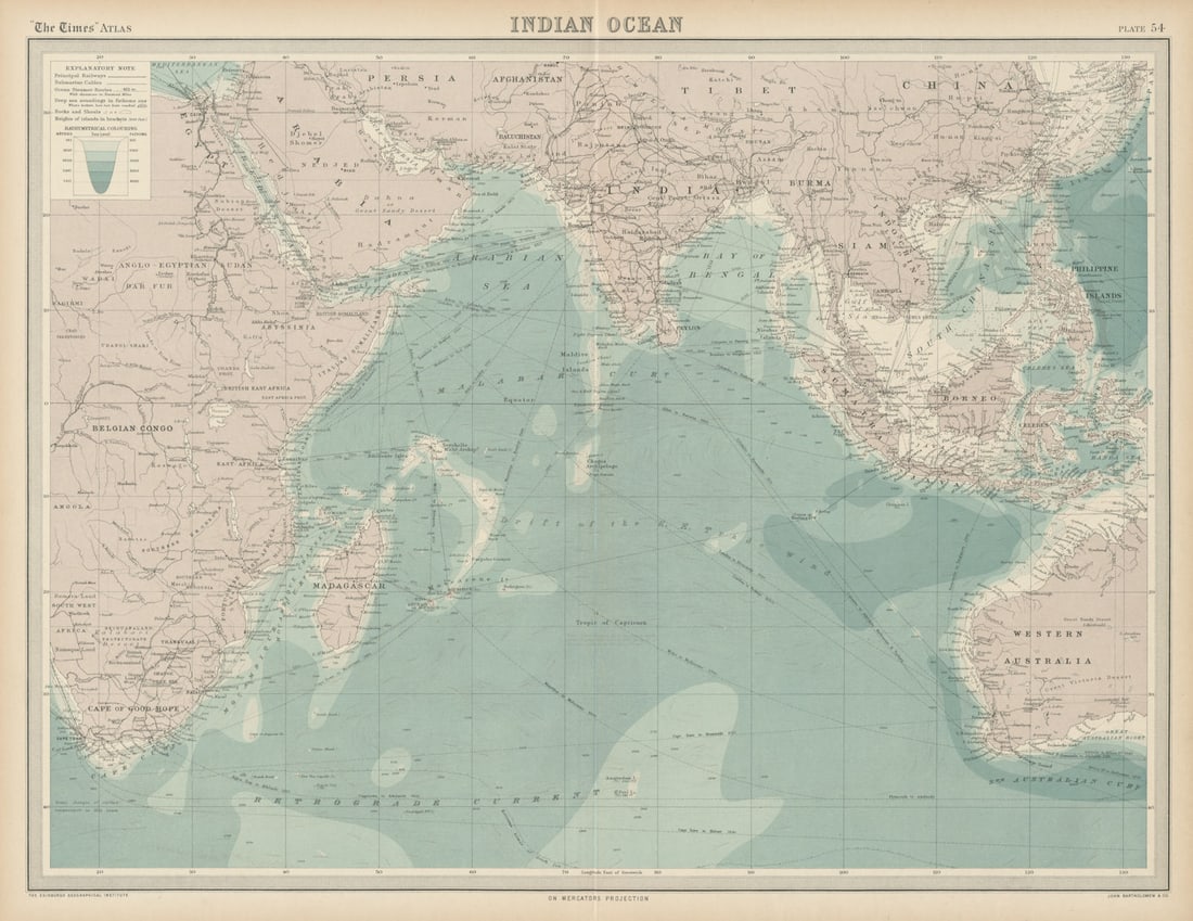 Indian Ocean. Shipping routes, currents & depths. THE TIMES 1922 old map: Title: Indian Ocean. Shipping routes, currents & depths. THE TIMES 1922 old map Description: Indian Ocean'. J. G. Bartholomew. Published 1922. Antique atlas map. Size 44 x 58 cm | 17.5 x 22.5 inches. 