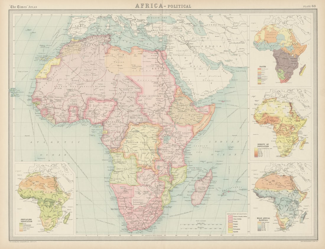 Colonial Africa. Ethnicity. British French Portuguese Belgian. TIMES 1922 map: Title: Colonial Africa. Ethnicity. British French Portuguese Belgian. TIMES 1922 map Description: Africa - Political'. J. G. Bartholomew. Published 1922. Antique atlas map. Size 44 x 58 cm | 17.5 x 22