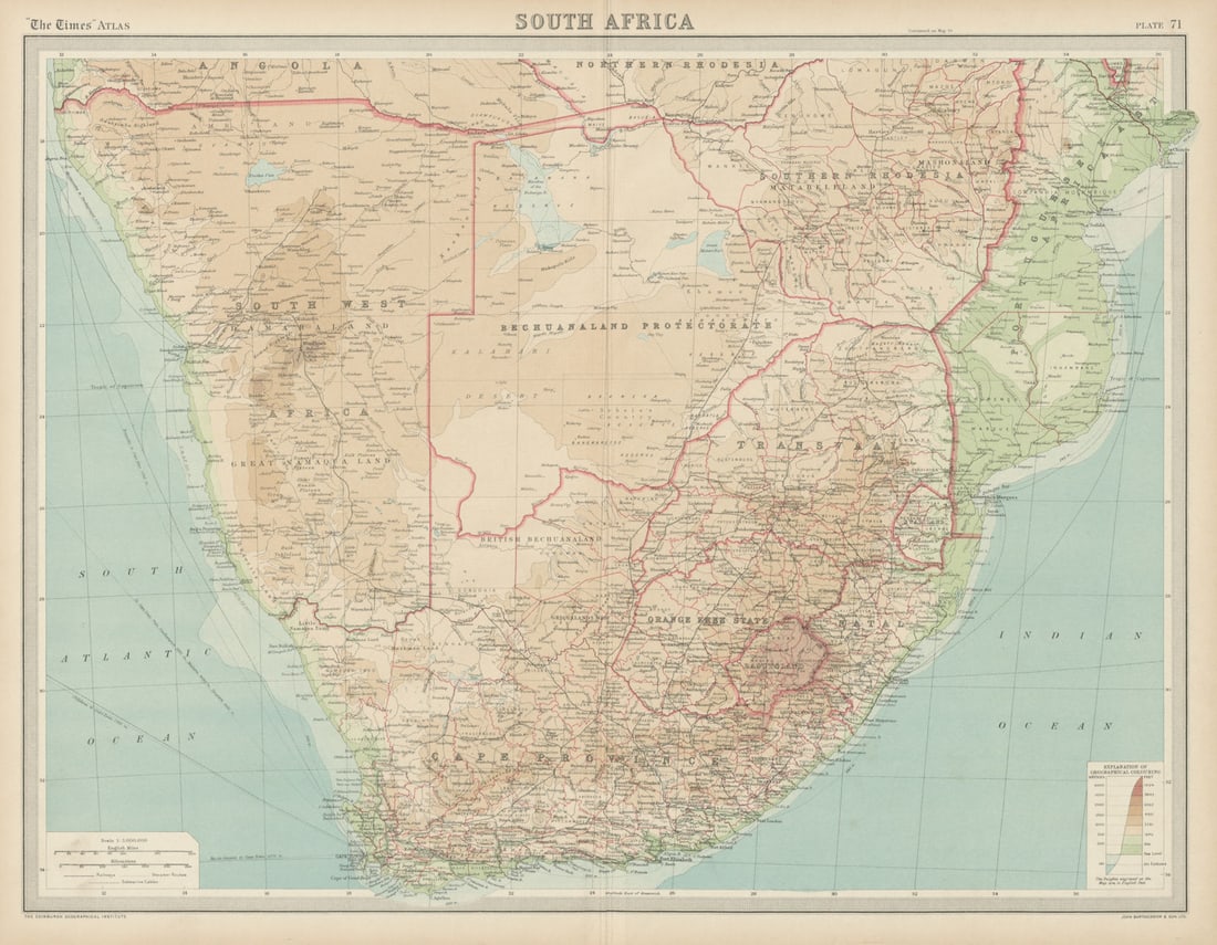 Colonial Southern Africa. Bechuanaland Rhodesia Mozambique. TIMES 1922 old map: Title: Colonial Southern Africa. Bechuanaland Rhodesia Mozambique. TIMES 1922 old map Description: South Africa'. J. G. Bartholomew. Published 1922. Antique atlas map. Size 45 x 58 cm | 17.5 x 22.5 in
