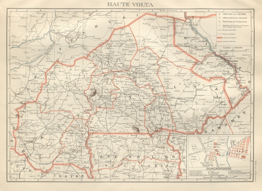 UPPER/HAUTE VOLTA. Burkina Faso. French West Africa. Ouagadougou plan 1931 map: Title: UPPER/HAUTE VOLTA. Burkina Faso. French West Africa. Ouagadougou plan 1931 map Description: Haute Volta. Inset: Ouagadougou'. Commandant P. Pollacchi. Published 1931. Vintage atlas map with tis