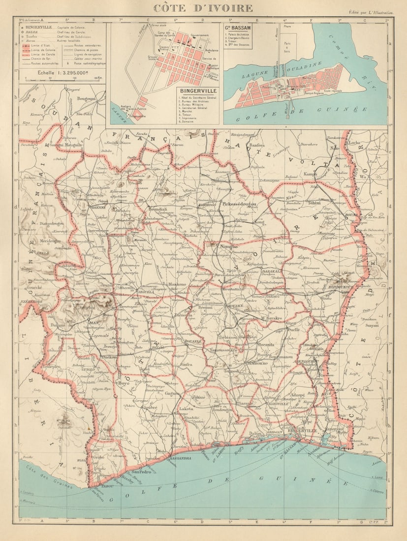 IVORY COAST Côte d'Ivoire. Bingerville (Abidjan) Grand Bassam city plan 1931 map: Title: IVORY COAST Côte d'Ivoire. Bingerville (Abidjan) Grand Bassam city plan 1931 map Description: Cote d'Ivoire. Inset: Bingerville. Grand Bassam'. Commandant P. Pollacchi. Published 1931. Vin