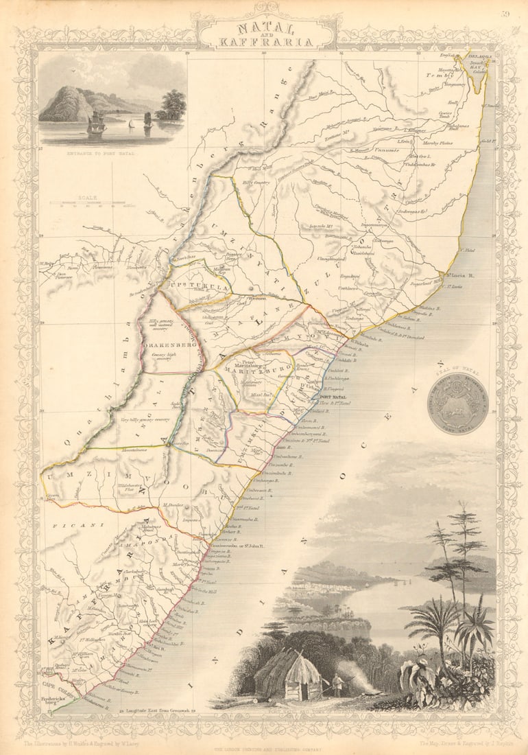 NATAL & KAFFRARIA. South Africa. Eastern Cape & Durban. TALLIS & RAPKIN 1851 map: Title: NATAL & KAFFRARIA. South Africa. Eastern Cape & Durban. TALLIS & RAPKIN 1851 map Description: Natal and Kaffraria'. Vignettes: Entrance to Port Natal; Port Natal and town of Durban. D'Urban is
