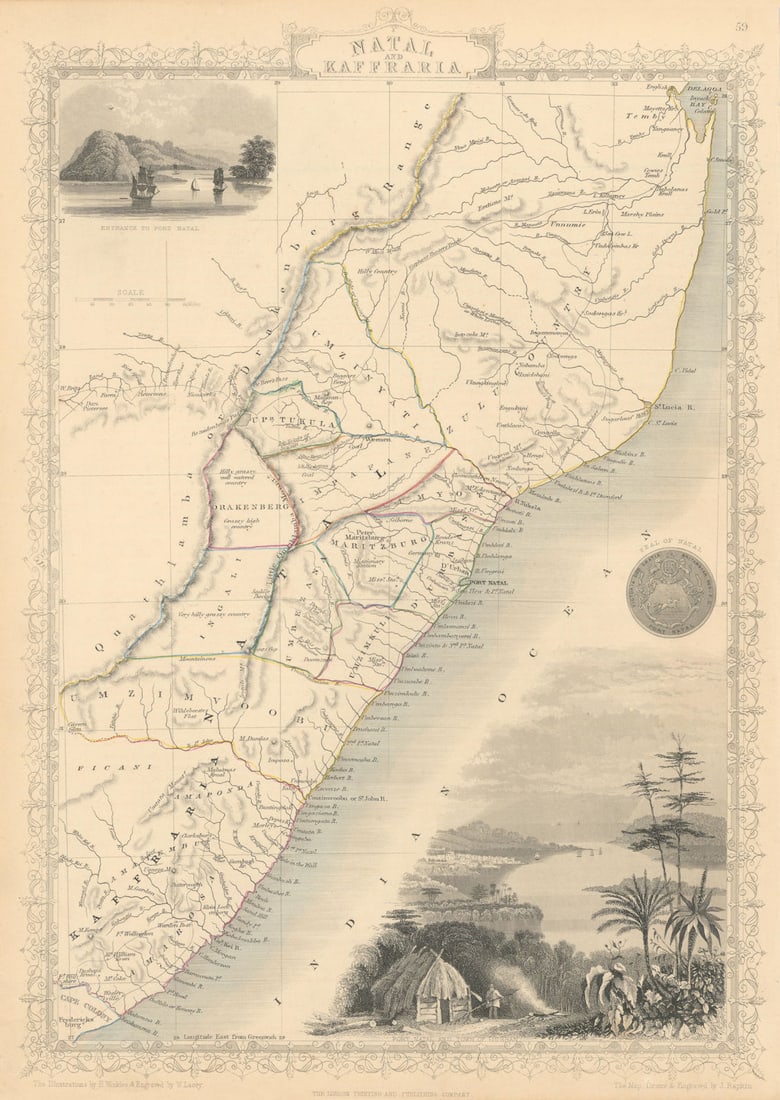 NATAL & KAFFRARIA. South Africa. Eastern Cape & Durban. TALLIS & RAPKIN 1851 map: Title: NATAL & KAFFRARIA. South Africa. Eastern Cape & Durban. TALLIS & RAPKIN 1851 map Description: Natal and Kaffraria'. Vignettes: Entrance to Port Natal; Port Natal and town of Durban. D'Urban is