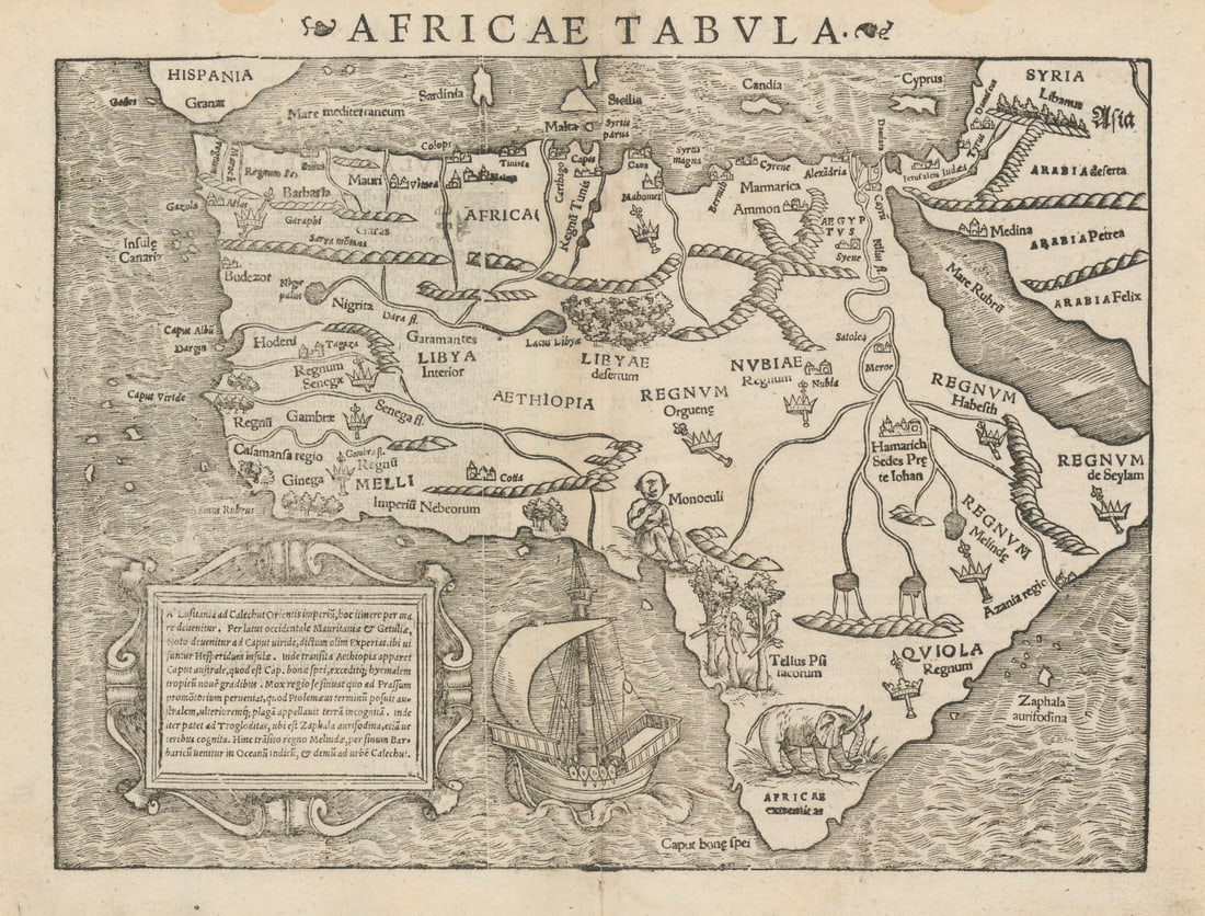Africae tabula. Africa. SEBASTIAN MÜNSTER 1572 old antique map plan chart: Title: Africae tabula. Africa. SEBASTIAN MÜNSTER 1572 old antique map plan chart Description: Africae tabula [Africa]. One of the first modern maps of the whole continent of Africa. The Ptolemaic