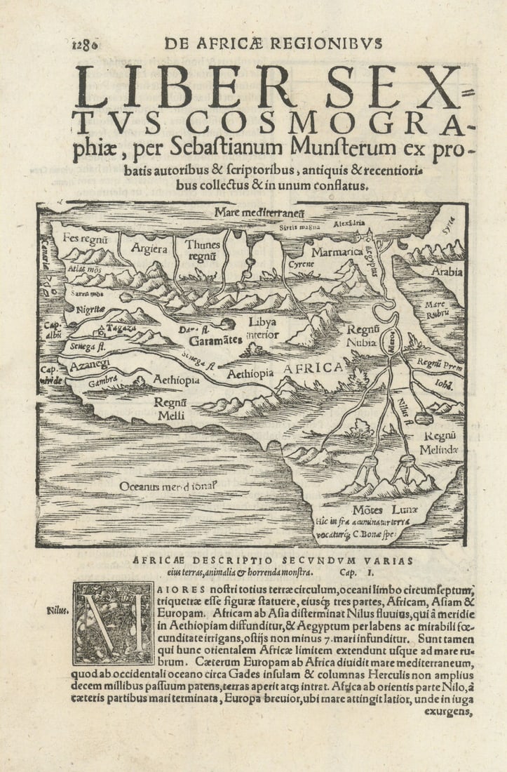 Africa Descriptio Secundum Varias eius terras… MÜNSTER 1572 old antique map: Title: Africa Descriptio Secundum Varias eius terras… MÜNSTER 1572 old antique map Description: Africa Descriptio Secundum Varias eius terras, animalia & horrenda monstra [Africa] by M&