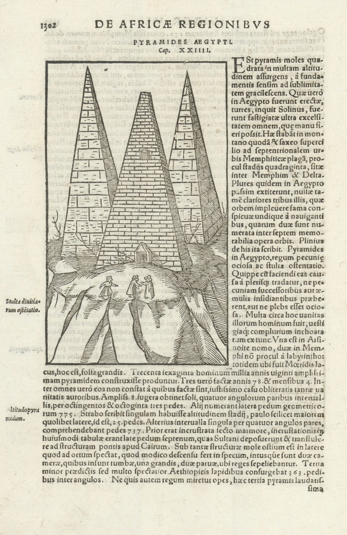 Pyramides Aegypti. Pyramids of Giza, Egypt. SEBASTIAN MÜNSTER 1572 old print: Title: Pyramides Aegypti. Pyramids of Giza, Egypt. SEBASTIAN MÜNSTER 1572 old print Description: Pyramides Aegypti [Egyptian Pyramids] by Münster, Sebastian. Published 1572. Antique 16th cen