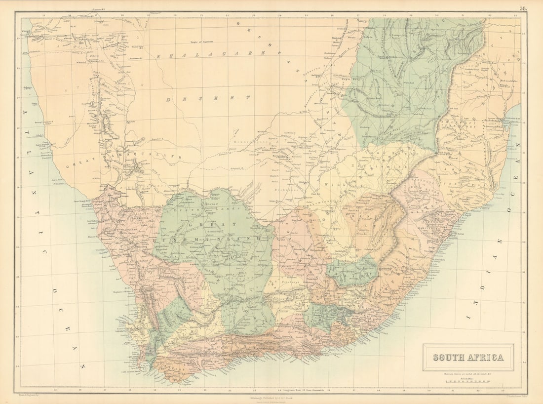South Africa. Orange Free State Namaqualand Bushmanland SIDNEY HALL 1862 map: Title: South Africa. Orange Free State Namaqualand Bushmanland SIDNEY HALL 1862 map Description: South Africa' by Bartholomew, John. Published 1862. Antique coloured atlas map. Size 44 x 59 cm | 17.5 