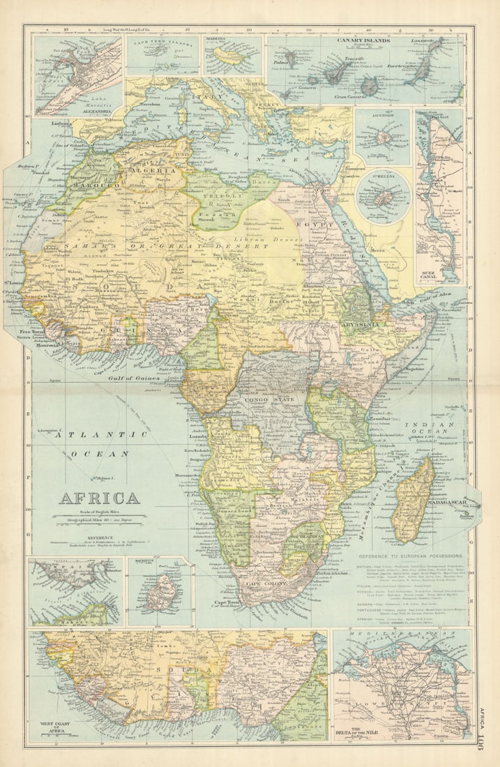 AFRICA French Congo State Soudan Nile Delta Suez canal by GW BACON 1898 map: Title: AFRICA French Congo State Soudan Nile Delta Suez canal by GW BACON 1898 map Description: Africa' by Bacon, George Washington & Co. Published 1898. Antique colour lithographic map. Size 51 x 33 