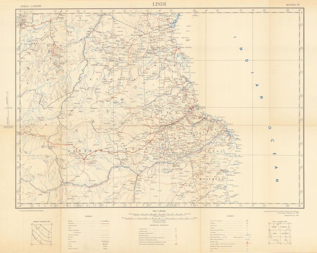 Lindi Safari map. Selous Game Reserve Nyerere NP Niassa Tanzania Mozambique 1951: Title: Lindi Safari map. Selous Game Reserve Nyerere NP Niassa Tanzania Mozambique 1951 Description: [11-12] South C37 - Lindi. Department of Surveys & Town Planning, Dar-es-Salaam, Tanganyika. Publis