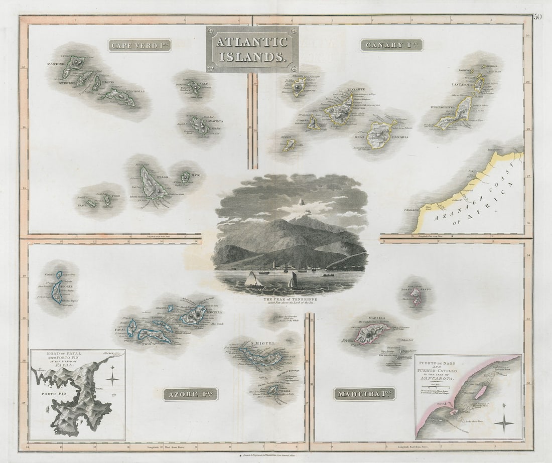 Atlantic Islands. Cape Verde Canaries Madeira Azores. Tenerife. THOMSON 1830 map: Title: Atlantic Islands. Cape Verde Canaries Madeira Azores. Tenerife. THOMSON 1830 map Description: Atlantic Islands // Cape Verde Ids. // Canary Ids. // Madeira Ids. // Azore Ids. // Road of Fayal w