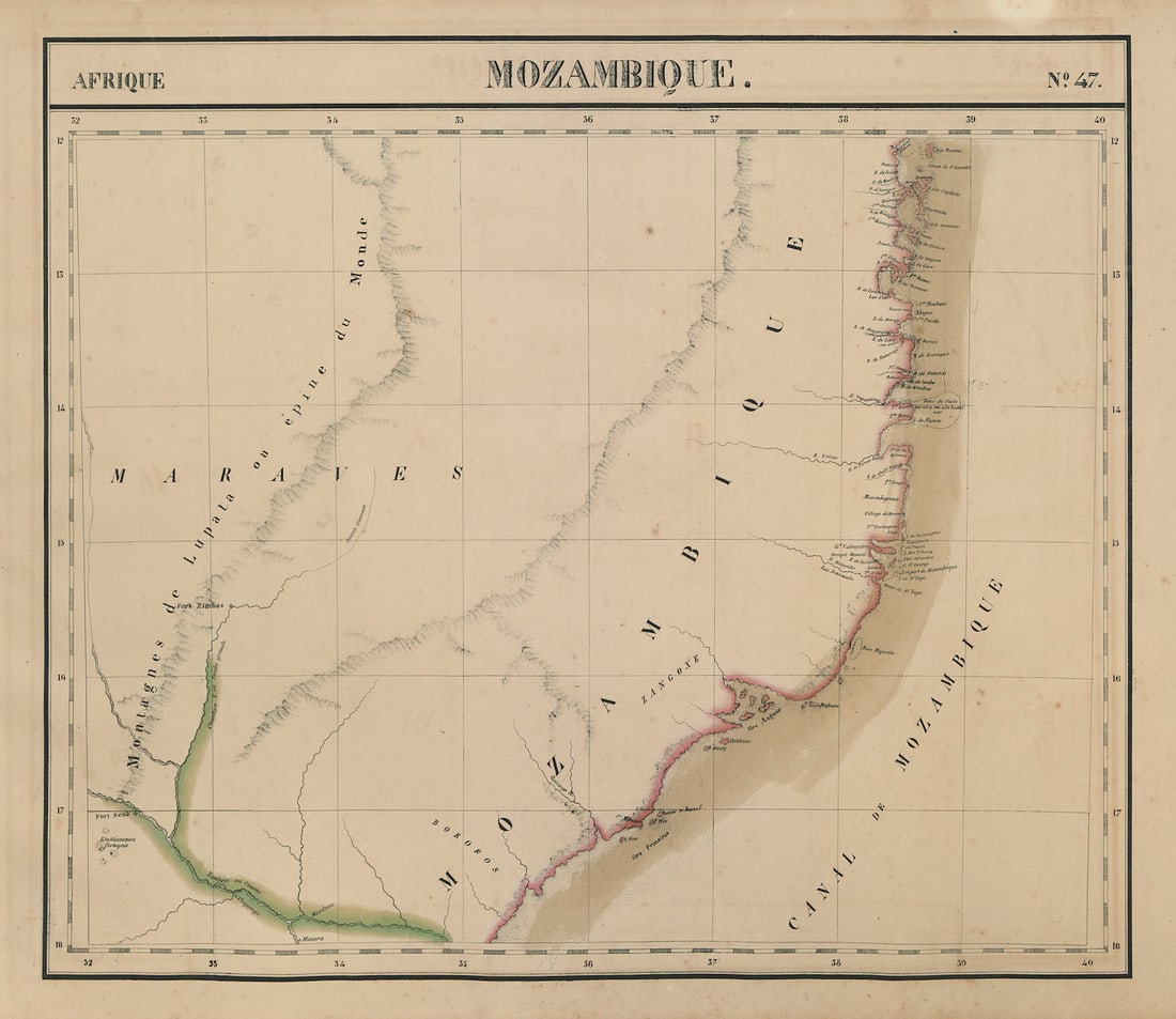 Afrique. Mozambique #47. Northern Mozambique. VANDERMAELEN 1827 old map: Title: Afrique. Mozambique #47. Northern Mozambique. VANDERMAELEN 1827 old map Description: Afrique - Mozambique - No. 47'. Northern Mozambique, from Quirimbas to just north of the Zambezi estuary . P