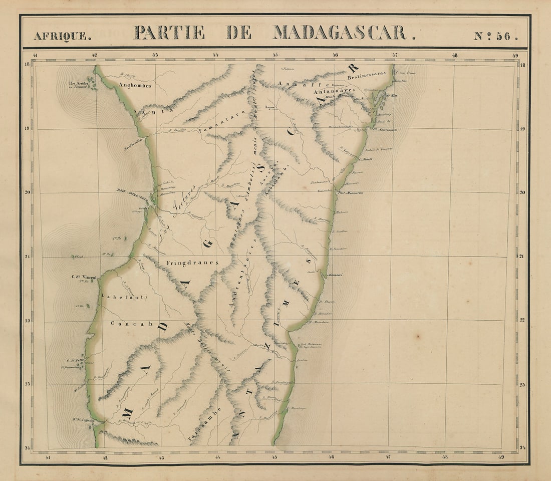 Afrique. Partie de Madagascar #56. Central Madagascar. VANDERMAELEN 1827 map: Title: Afrique. Partie de Madagascar #56. Central Madagascar. VANDERMAELEN 1827 map Description: Afrique - Partie de Madagascar - No. 56'. Central Madagascar . Philippe Marie Guillaume Vandermaelen. L