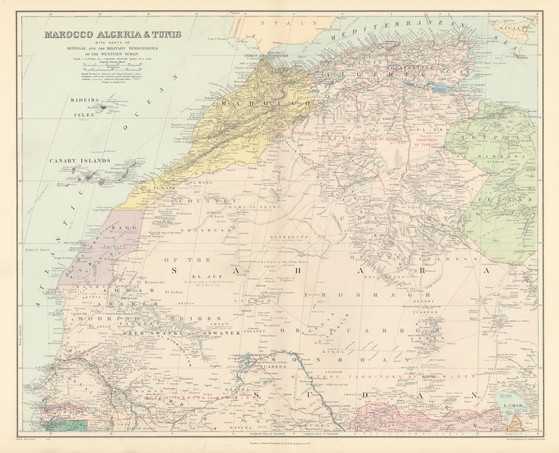 Northwest Africa. Morocco Sahara Rio do Oro Ain Sefra Gardaia. STANFORD 1904 map: Title: Northwest Africa. Morocco Sahara Rio do Oro Ain Sefra Gardaia. STANFORD 1904 map Description: Marocco, Algeria & Tunis, with parts of Senegal and the Military Territories of the Western Sud