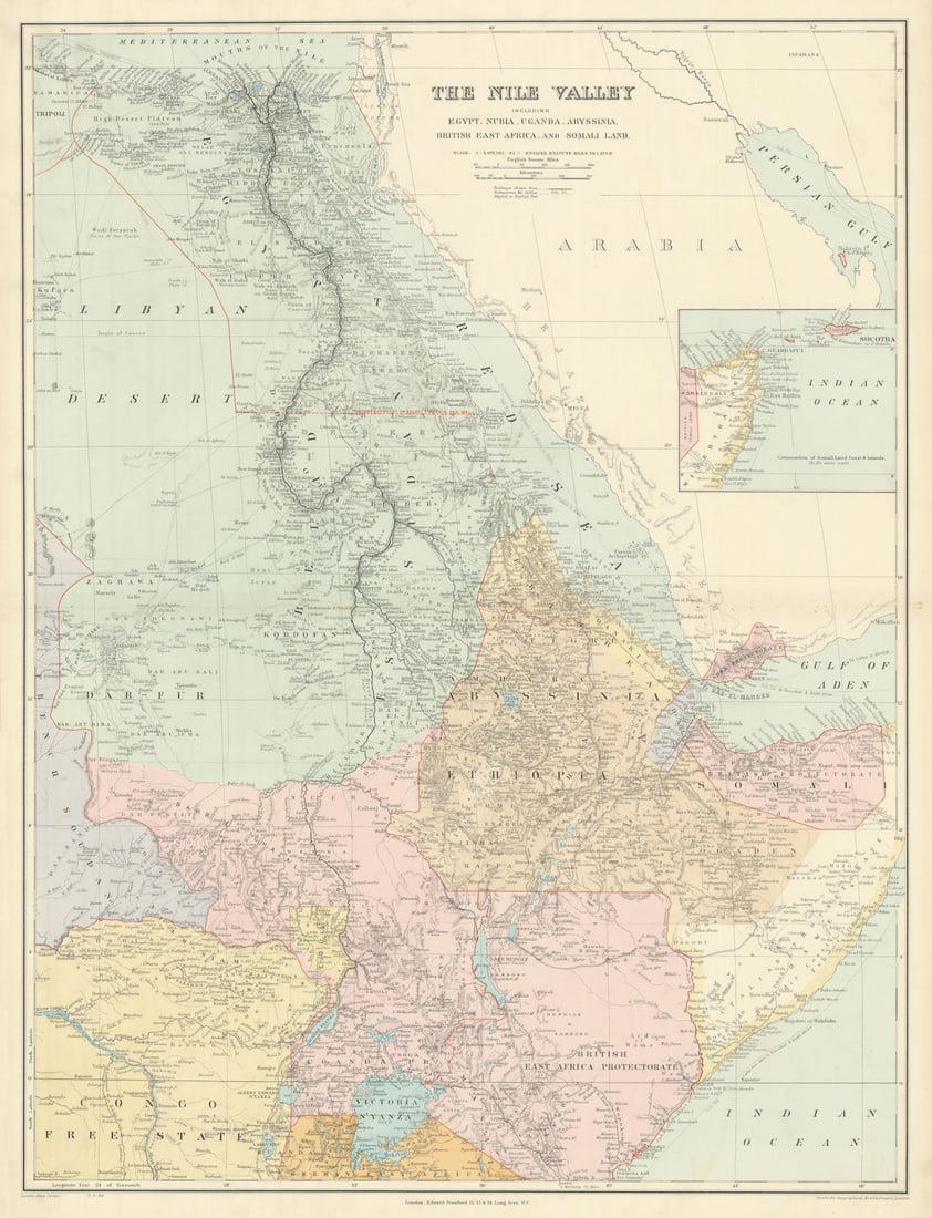 Nile Valley. Egypt Sudan Uganda Kenya Ethiopia Somalia 72x55cm STANFORD 1904 map: Title: Nile Valley. Egypt Sudan Uganda Kenya Ethiopia Somalia 72x55cm STANFORD 1904 map Description: The Nile Valley, including Egypt, Nubia, Uganda, Abyssinia, British East Africa, and Somali land'. 