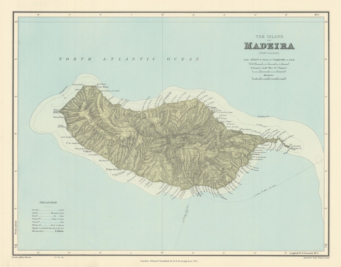 The Island Of Madeira. Rivers Mountains. STANFORD 1904 old antique map chart: Title: The Island Of Madeira. Rivers Mountains. STANFORD 1904 old antique map chart Description: The Island of Madeira (Portuguese)'. Stanford's Geographical Establishment. Published 1904. Large (foli