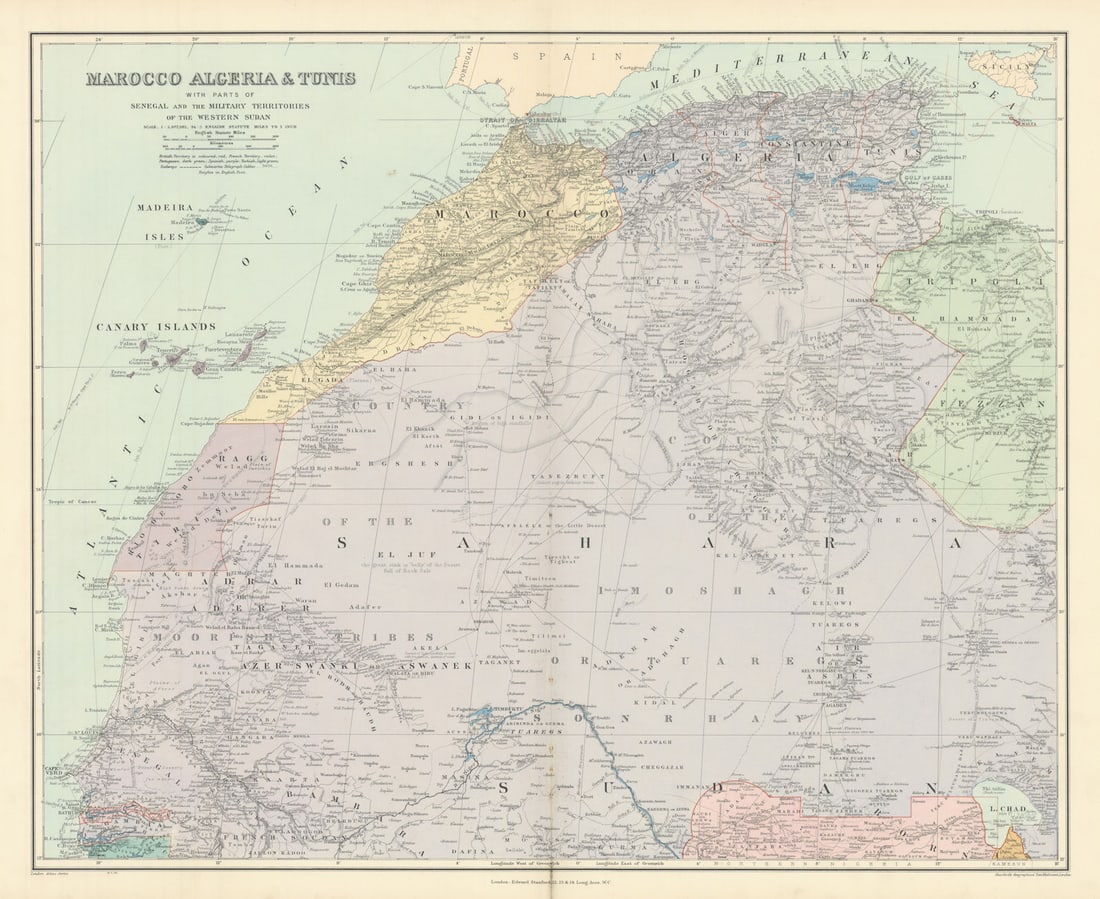 Northwest Africa. Morocco Sahara Rio do Oro Ain Sefra Gardaia. STANFORD 1904 map: Title: Northwest Africa. Morocco Sahara Rio do Oro Ain Sefra Gardaia. STANFORD 1904 map Description: Marocco, Algeria & Tunis with parts of Senegal and the Military Territories of the Western Suda