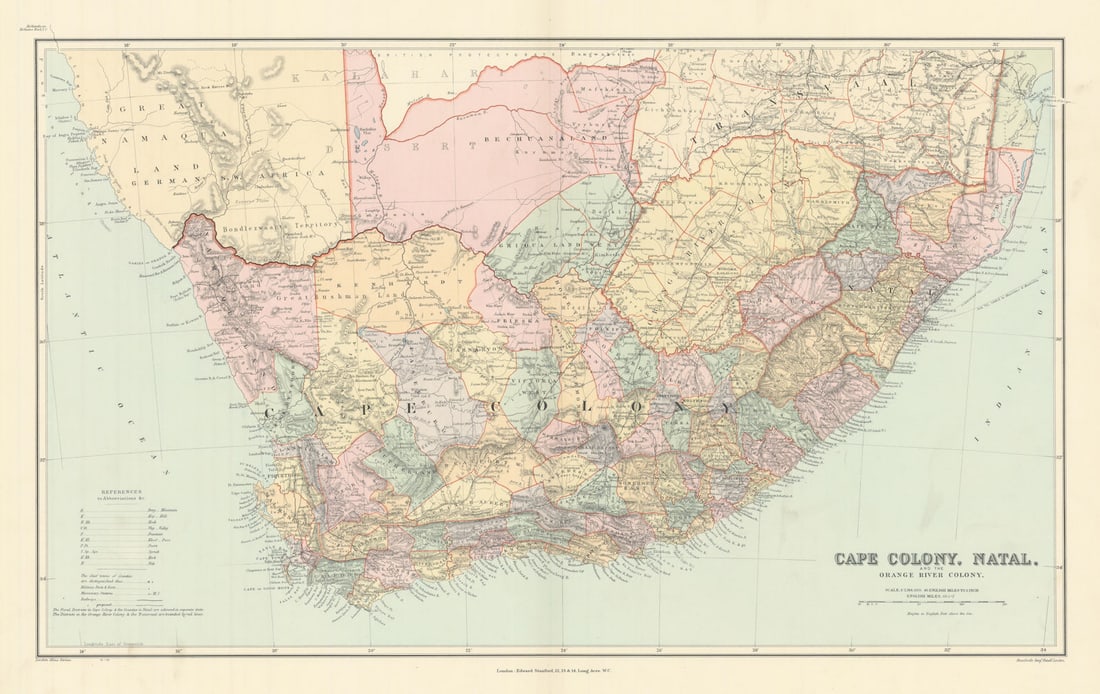Cape Colony, Natal & Orange River Colony. South Africa 44x70cm STANFORD 1904 map: Title: Cape Colony, Natal & Orange River Colony. South Africa 44x70cm STANFORD 1904 map Description: Cape Colony, Natal and the Orange River Colony'. Stanford's Geographical Establishment. Published