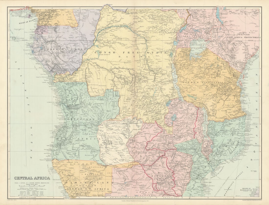 Central Africa. Congo Free State Rhodesia German East Africa. STANFORD 1904 map: Title: Central Africa. Congo Free State Rhodesia German East Africa. STANFORD 1904 map Description: Central Africa'. Stanford's Geographical Establishment. Published 1904. Large (folio) antique atlas 