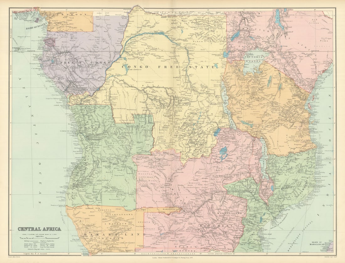 Central Africa. Congo Free State Rhodesia German East Africa. STANFORD 1894 map: Title: Central Africa. Congo Free State Rhodesia German East Africa. STANFORD 1894 map Description: Central Africa'. Stanford's Geographical Establishment. Published 1894. Large (folio) antique atlas 