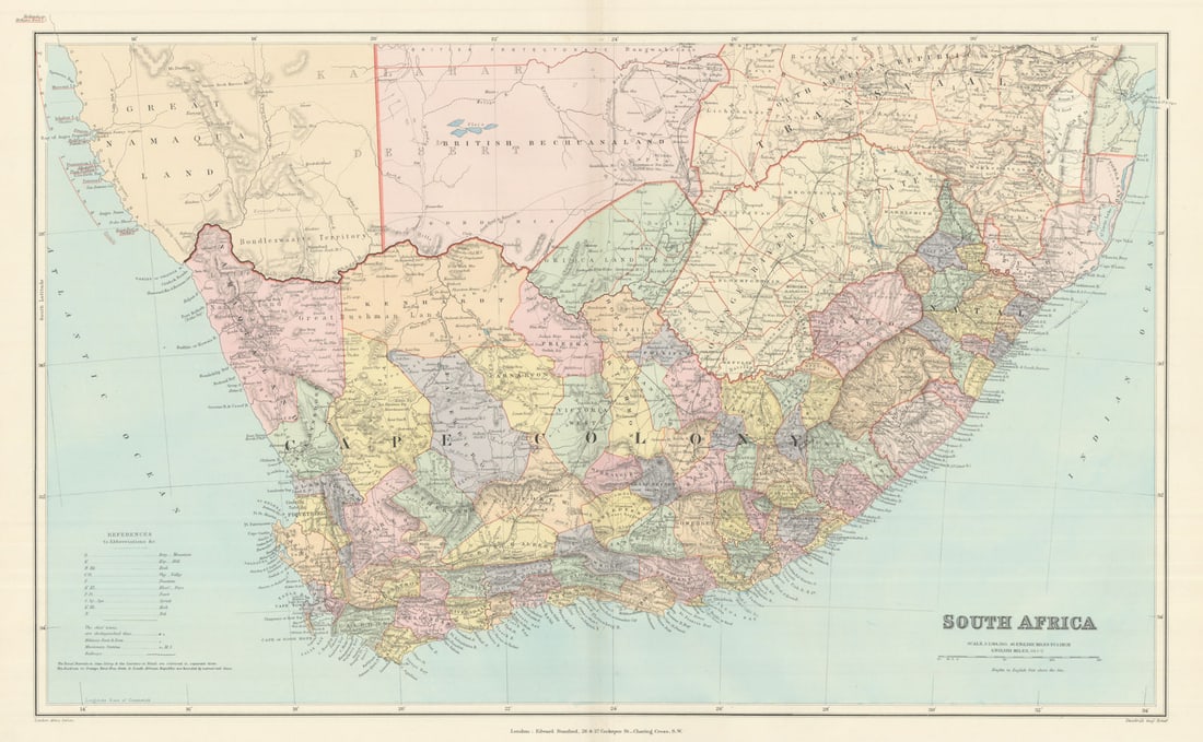 Cape Colony, Natal & Orange River Colony. South Africa 44x70cm STANFORD 1894 map: Title: Cape Colony, Natal & Orange River Colony. South Africa 44x70cm STANFORD 1894 map Description: South Africa'. Stanford's Geographical Establishment. Published 1894. Large (folio) antique atlas