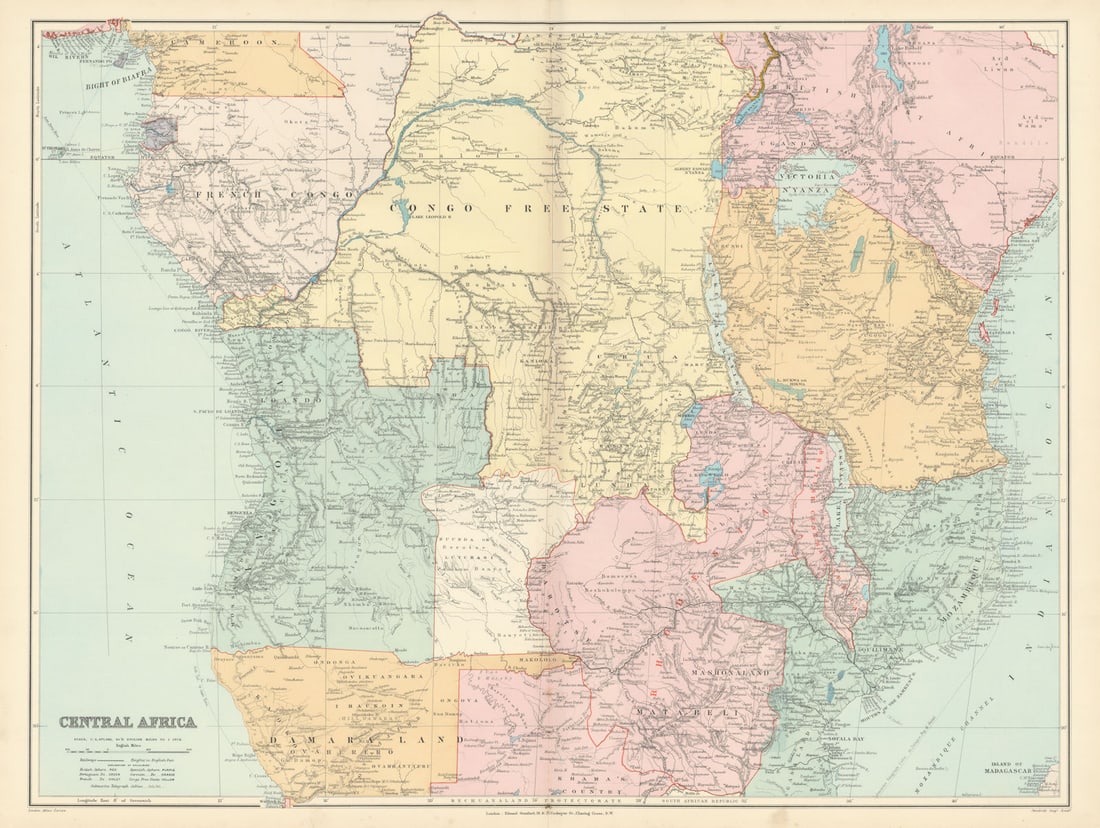 Central Africa. Congo Free State Rhodesia German East Africa. STANFORD 1896 map: Title: Central Africa. Congo Free State Rhodesia German East Africa. STANFORD 1896 map Description: Central Africa'. Stanford's Geographical Establishment. Published 1896. Large (folio) antique atlas 