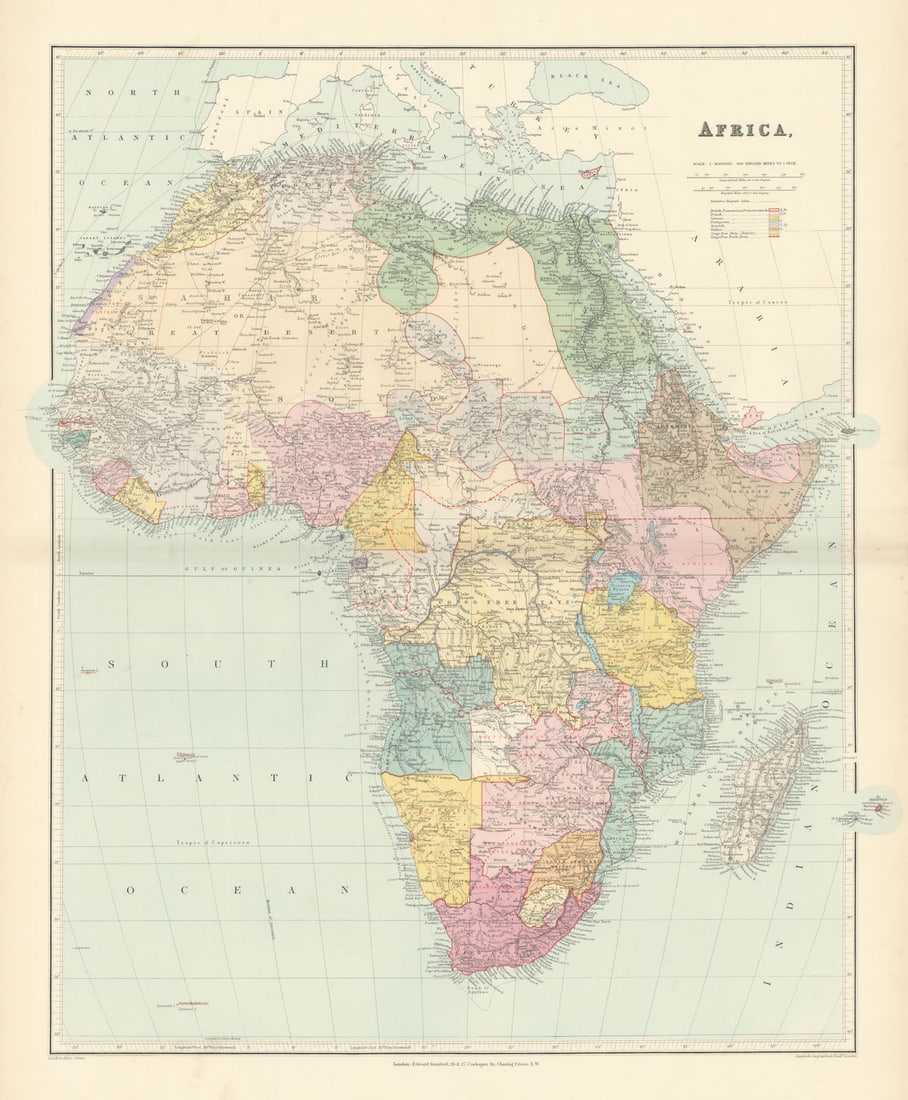 Africa. Congo Free Trade Area. British South Africa Company. STANFORD 1896 map: Title: Africa. Congo Free Trade Area. British South Africa Company. STANFORD 1896 map Description: Africa'. Stanford's Geographical Establishment. Published 1896. Large (folio) antique atlas map. Size