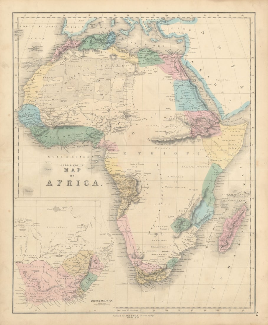 Gall & Inglis' Map of Africa. Pre-colonial Africa "Regions unexplored" 1850: Title: Gall & Inglis' Map of Africa. Pre-colonial Africa "Regions unexplored" 1850 Description: Gall & Inglis' Map of Africa' by Gall, James & Inglis, Robert. Published 1850. Antique folio atlas m