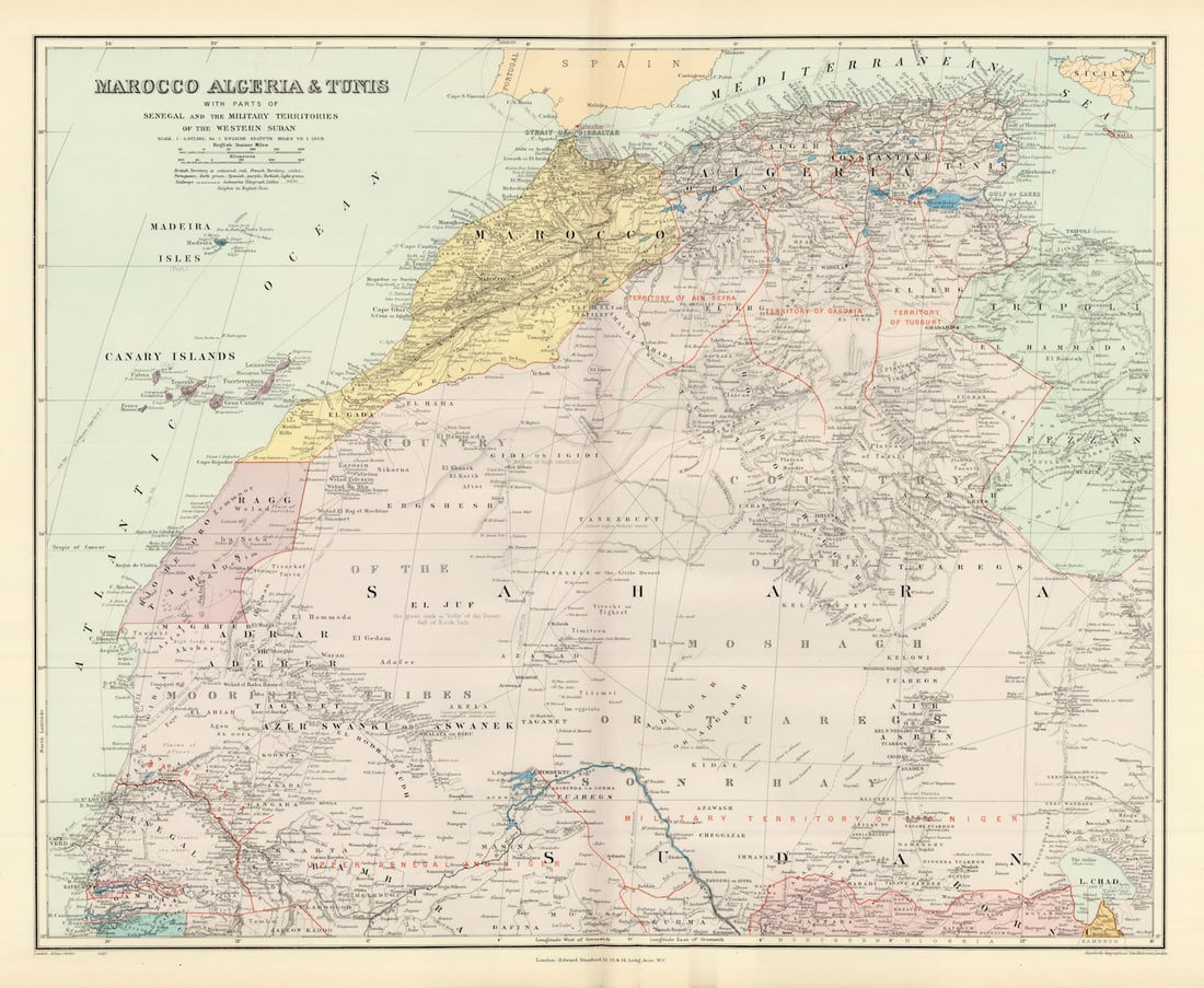 Northwest Africa. Morocco Sahara Rio do Oro Ain Sefra Gardaia. STANFORD 1904 map: Title: Northwest Africa. Morocco Sahara Rio do Oro Ain Sefra Gardaia. STANFORD 1904 map Description: Marocco, Algeria & Tunis with parts of Senegal and the Military Territories of the Western