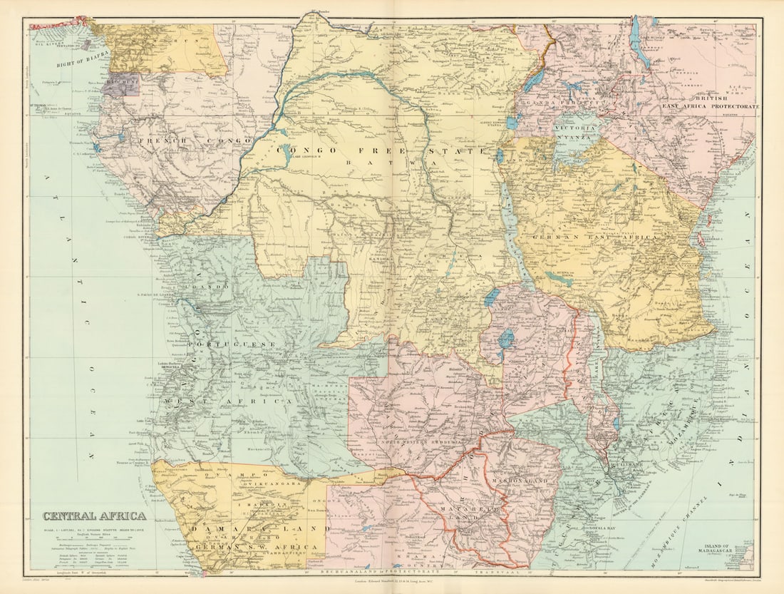 Central Africa. Congo Free State Rhodesia German East Africa. STANFORD 1904 map: Title: Central Africa. Congo Free State Rhodesia German East Africa. STANFORD 1904 map Description: Central Africa'. Stanford's Geographical Establishment. Published 1904. Large (folio) antique atlas 