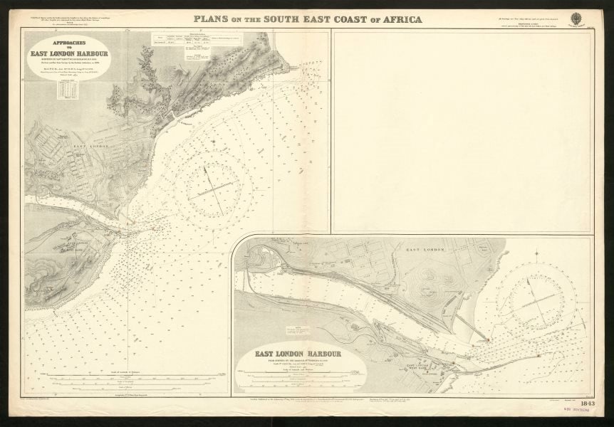 East London Harbour approaches. Admiralty sea chart. South Africa 1932 old map: Title: East London Harbour approaches. Admiralty sea chart. South Africa 1932 old map Description: Plans on the South East Coast of Africa - Approaches to East London Harbour'. Surveyed by Navg. Lieut