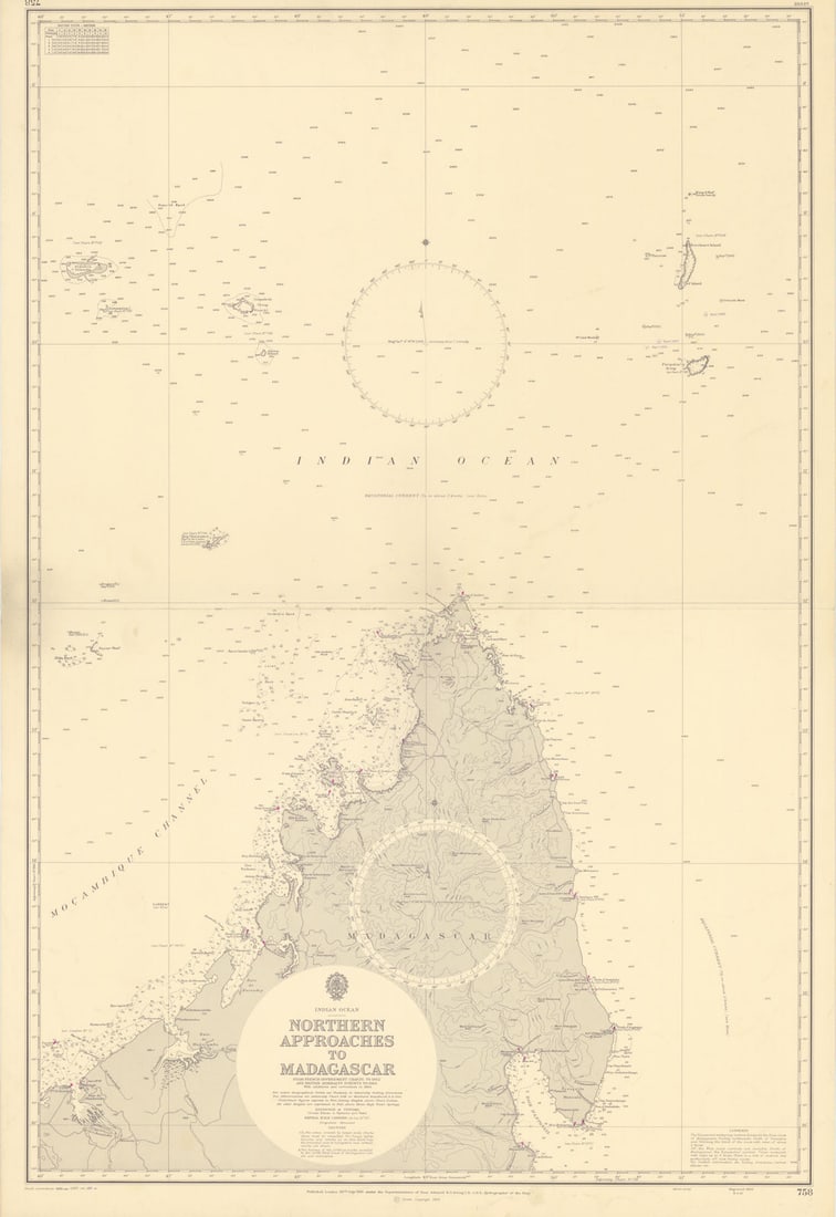 Madagascar northern approaches Indian Ocean. ADMIRALTY sea chart 1965 (1968) map: Title: Madagascar northern approaches Indian Ocean. ADMIRALTY sea chart 1965 (1968) map Description: Indian Ocean - Northern approaches to Madagascar'. From French Government charts to 1962 and
