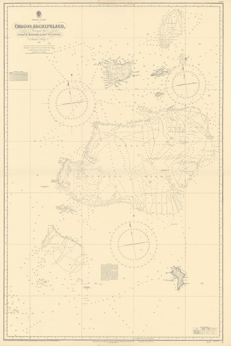 Chagos Archipelago Indian Ocean EAST INDIA COMPANY/Walker chart 1839 (1944) map: Title: Chagos Archipelago Indian Ocean EAST INDIA COMPANY/Walker chart 1839 (1944) map Description: Indian Ocean - Chagos Archipelago'. Surveyed by Commr. R. Moresby & Lieut. F.T. Powell, Indian Navy 