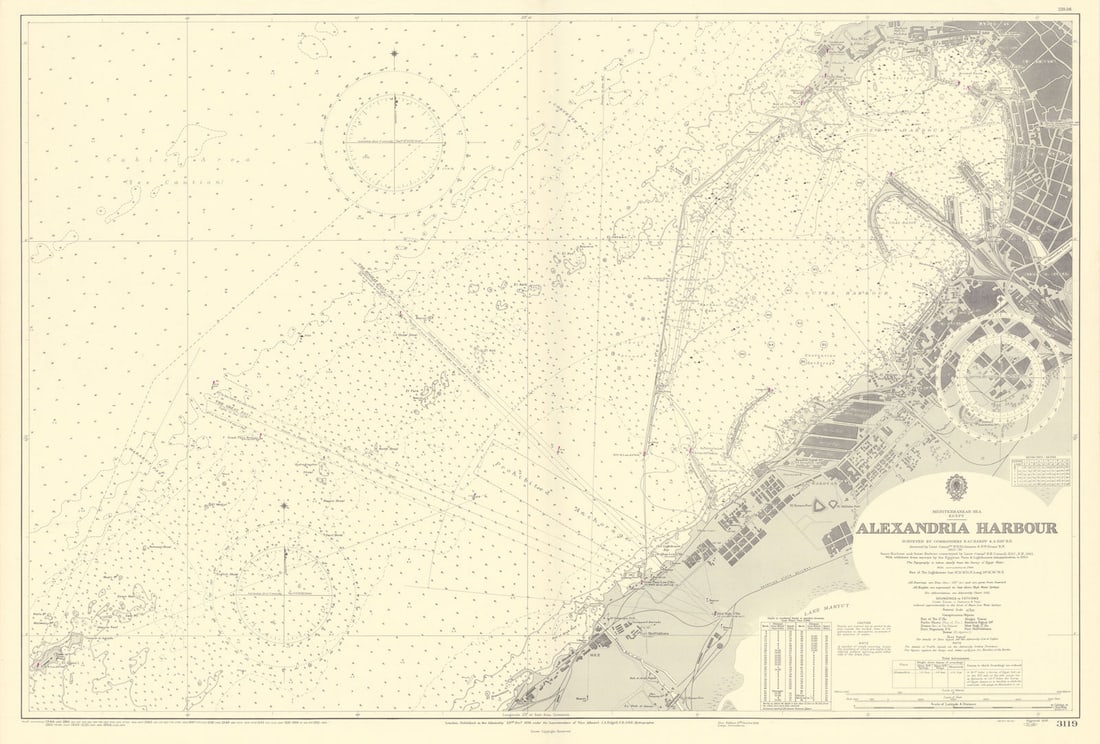 Alexandria harbour. Mediterranean Sea Egypt. ADMIRALTY sea chart 1938 (1954) map: Title: Alexandria harbour. Mediterranean Sea Egypt. ADMIRALTY sea chart 1938 (1954) map Description: Mediterranean Sea - Egypt - Alexandria Harbour'. Surveyed by Commanders N.A.C. Hardy & A. Day R.N. 