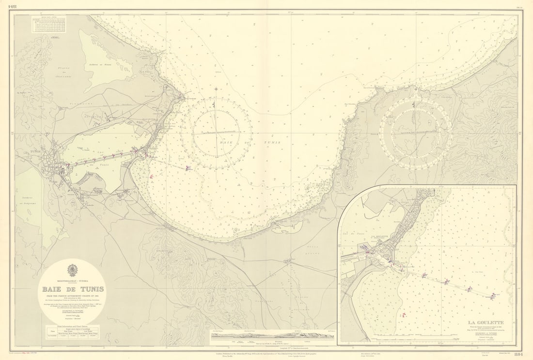 Baie de Tunis, Tunisia, Mediterranean. ADMIRALTY sea chart 1953 (1956) old map: Title: Baie de Tunis, Tunisia, Mediterranean. ADMIRALTY sea chart 1953 (1956) old map Description: Mediterranean - Tunisia - Baie de Tunis'. From the French Government charts of 1893 with corrections 