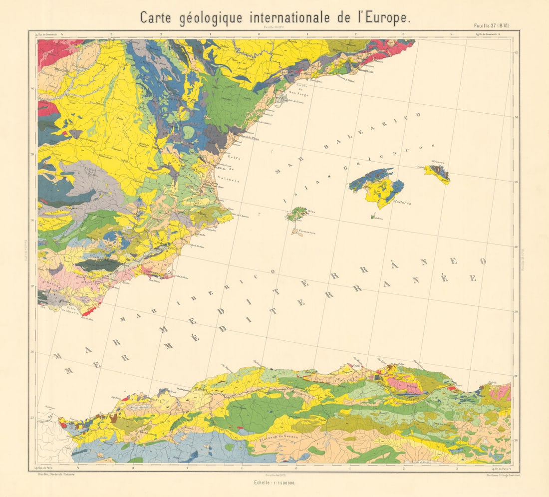 Geological map Mediterranean West. SE Spain Balearics Algeria BEYSCHLAG 1896: Title: Geological map Mediterranean West. SE Spain Balearics Algeria BEYSCHLAG 1896 Description: Carte géologique internationale de l'Europe - Feuille 37 (BVI) - [Western Mediterranean - south
