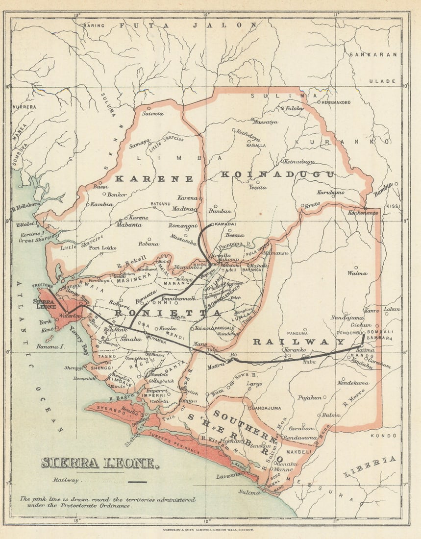 Sierra Leone Protectorate Ordinance showing railways. Waterlow 1919 old map: Title: Sierra Leone Protectorate Ordinance showing railways. Waterlow 1919 old map Description: Sierra Leone'. Waterlow & Sons Ltd., London Wall, London. Published 1919. Antique colour map. Size 25 x 