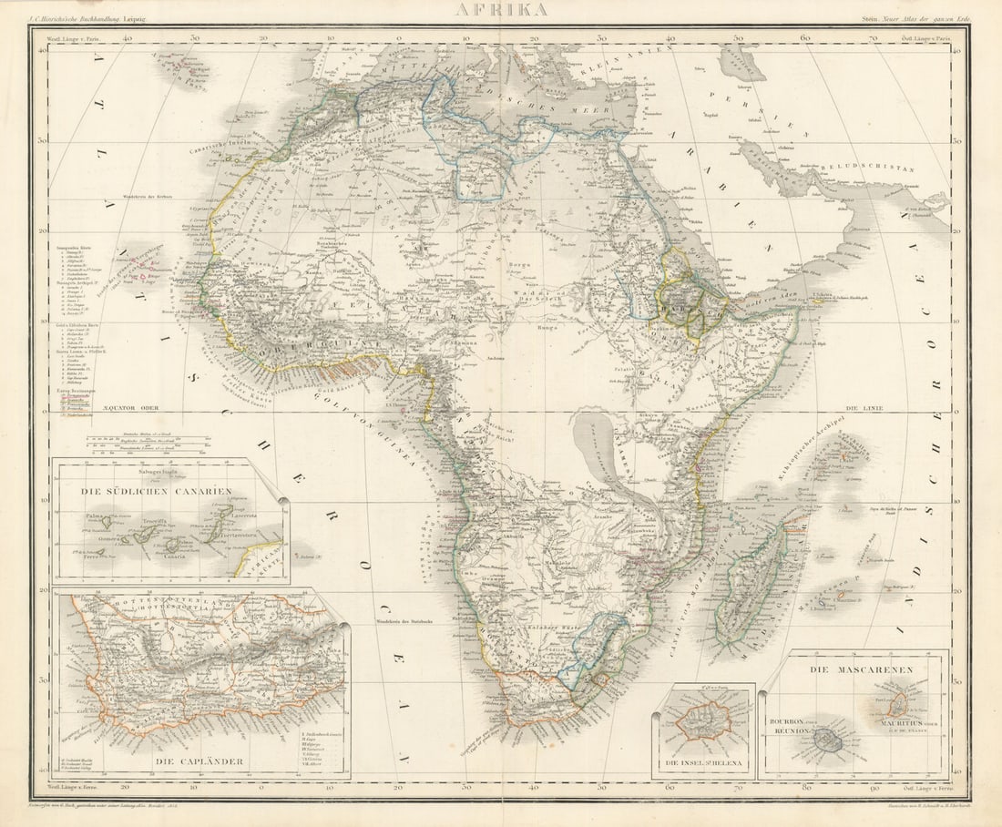 Afrika. Proto-colonial Africa. European coastal presence. Stein/Heck 1858 map: Title: Afrika. Proto-colonial Africa. European coastal presence. Stein/Heck 1858 map Description: Afrika // die Südlichen Canarien // die Mascarenen // die insel St. Helena // die Capländer 