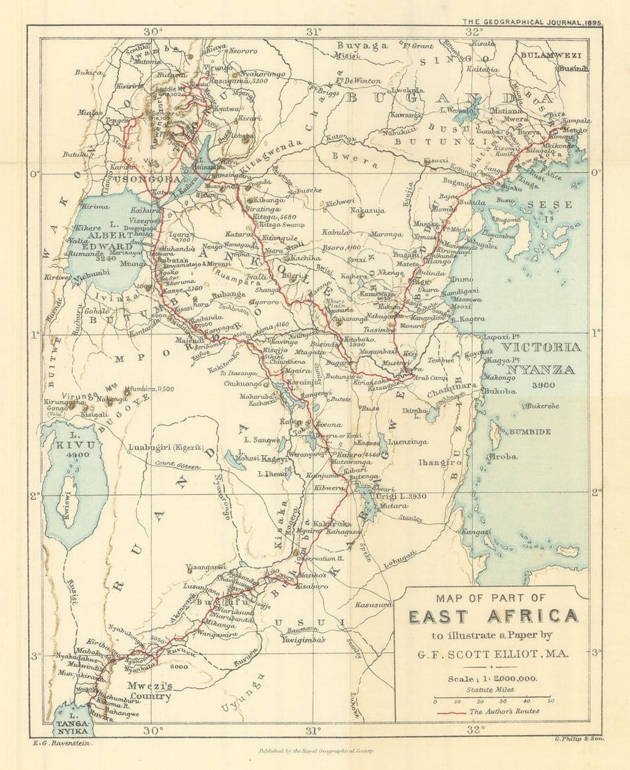 Part of East Africa. Scott Elliott. Uganda Rwanda Tanzania Burundi. RGS 1895 map (1 of 1)