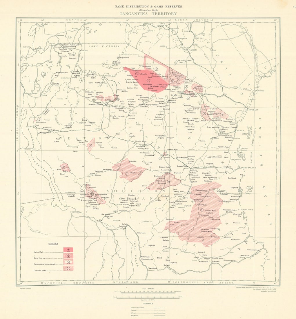 Tanganyika Territory Game Reserves & Distribution. Tanzania 1948 old map: Title: Tanganyika Territory Game Reserves & Distribution. Tanzania 1948 old map Description: Tanganyika Territory - Game Distribution and Game Reserves (December 1947)'. One of the earliest cartograph