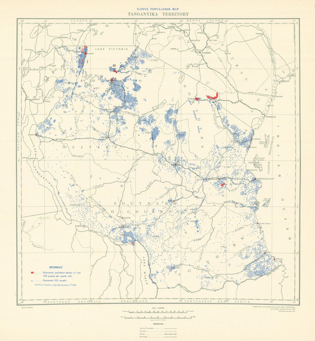 Tanganyika Territory Native Population Map. Tanzania. Dept of Lands & Mines 1948: Title: Tanganyika Territory Native Population Map. Tanzania. Dept of Lands & Mines 1948 Description: Tanganyika Territory - Native Population Map'. Compiled and printed by the Survey Division,