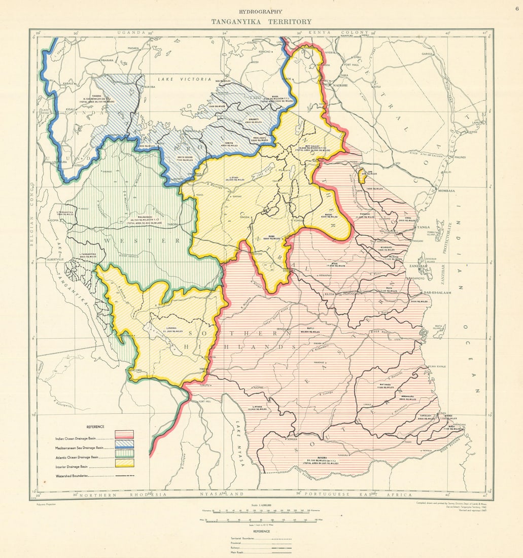 Tanganyika Territory Hydrography. Drainage basins/Watersheds. Tanzania 1948 map: Title: Tanganyika Territory Hydrography. Drainage basins/Watersheds. Tanzania 1948 map Description: Tanganyika Territory - Hydrography'. Compiled and printed by the Survey Division, Department of
