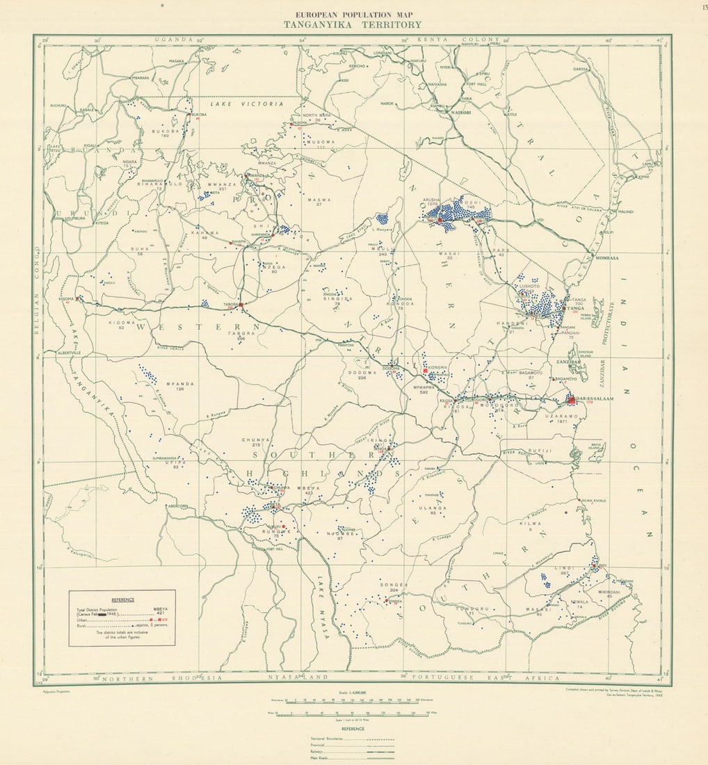 Tanganyika Territory European Population Map. Tanzania. Lands & Mines Dept 1948: Title: Tanganyika Territory European Population Map. Tanzania. Lands & Mines Dept 1948 Description: Tanganyika Territory - European Population Map'. Compiled and printed by the Survey Division, Depart