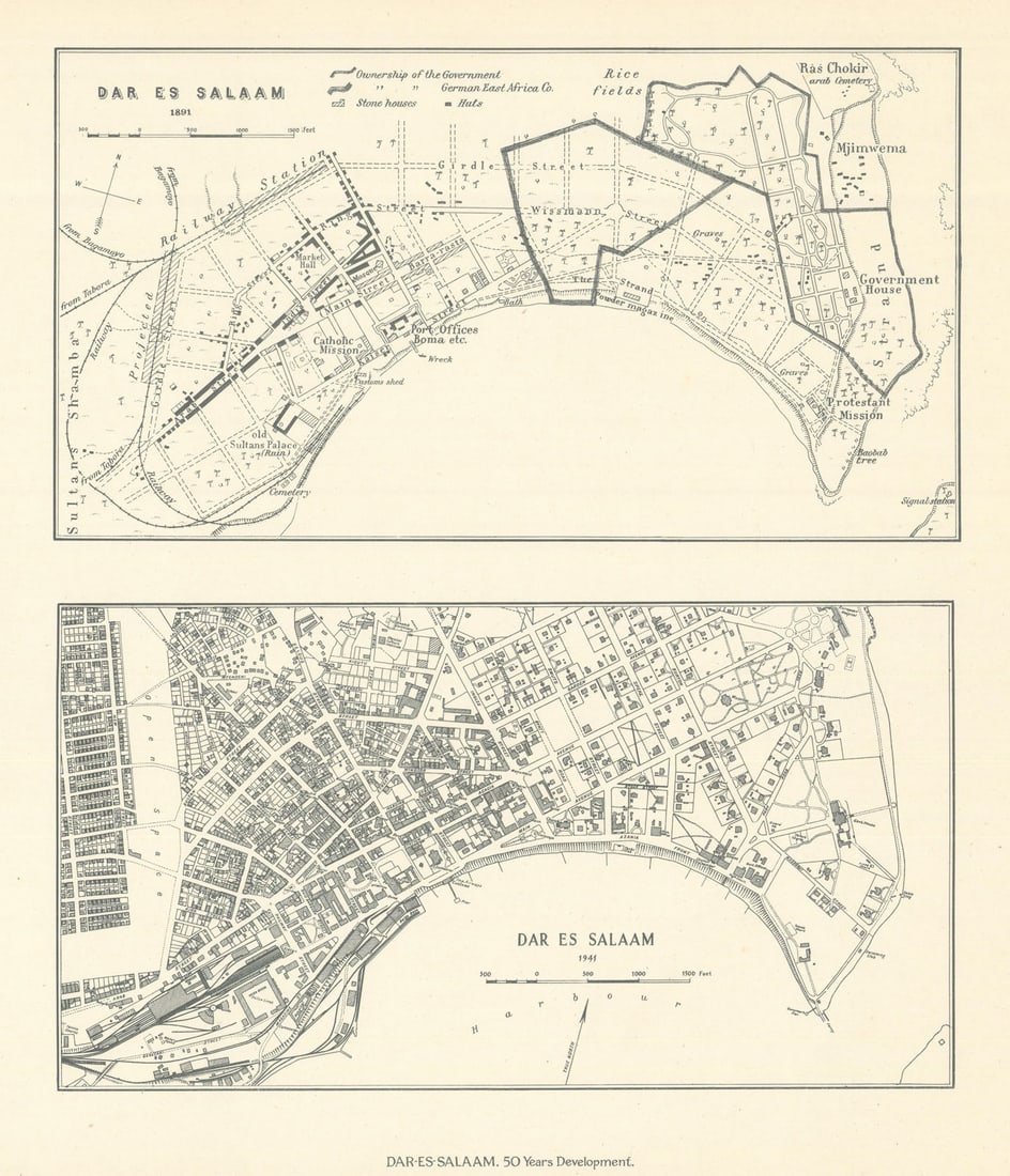 Dar es Salaam town city plan 1891 & 1941. Tanzania. Lands & Mines Dept 1948 map: Title: Dar es Salaam town city plan 1891 & 1941. Tanzania. Lands & Mines Dept 1948 map Description: Dar es Salaam, 50 years’ development, 1891 and 1941'. Compiled and printed by the Survey