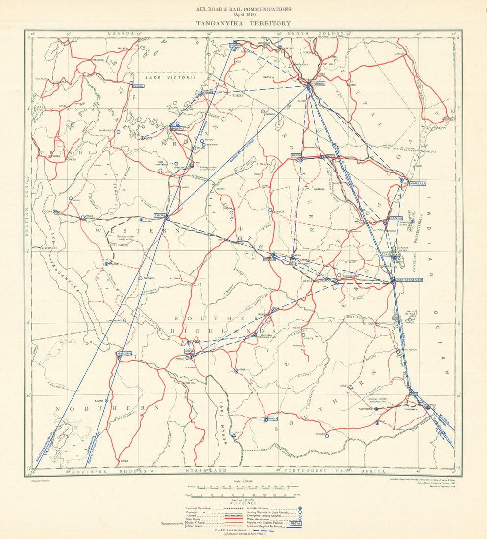 Tanganyika Territory Air, Road & Rail Communications. Tanzania 1948 old map: Title: Tanganyika Territory Air, Road & Rail Communications. Tanzania 1948 old map Description: Tanganyika Territory - Air, Road and Rail Communications (April 1948)'. Compiled and printed by the Surv